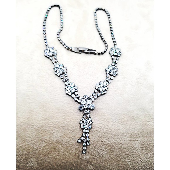 Vintage Silver Tone Rhinestone Statement Necklace - Picture 1 of 5